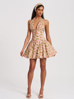 Mackenzie Green and Pink Floral Print Halter Linen Mini Dress Miss Circle