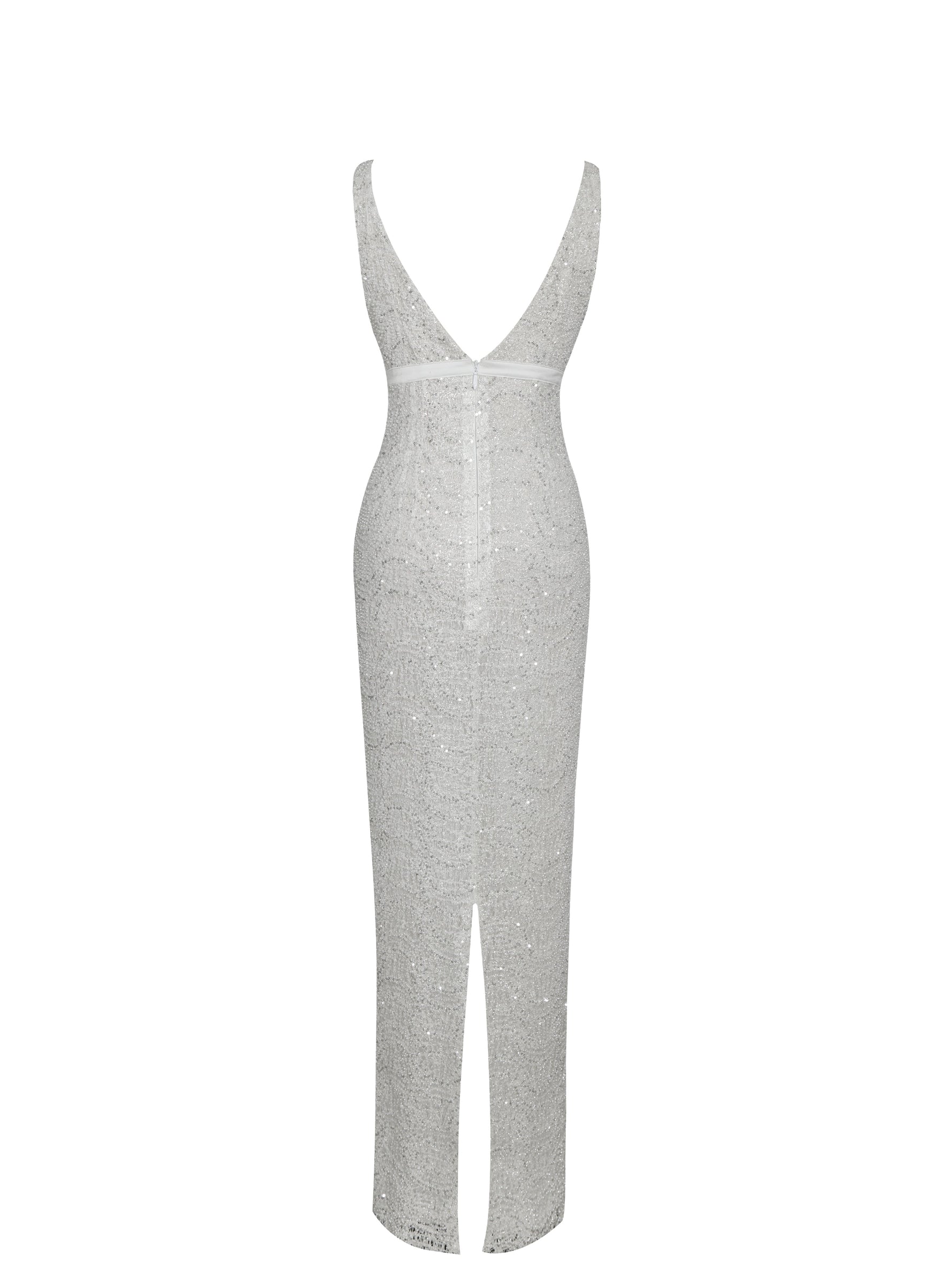 Adelaide White Beaded Sequin Net Bodycon Gown Miss Circle
