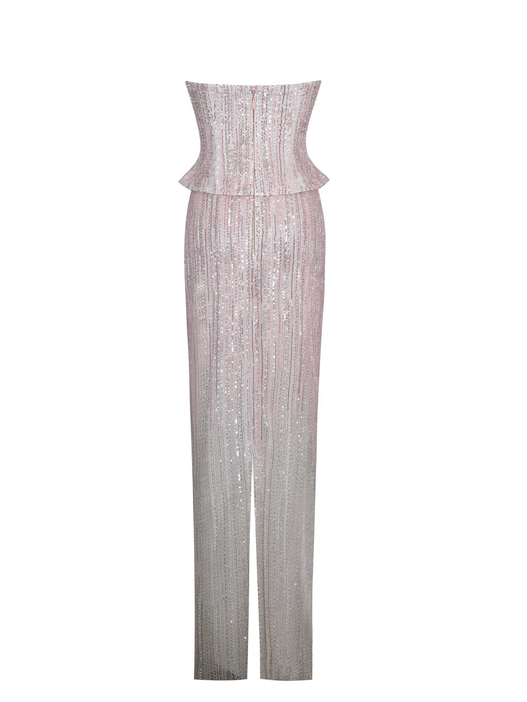 Tosca Beaded Blush Gradient Strapless Peplum Maxi Dress