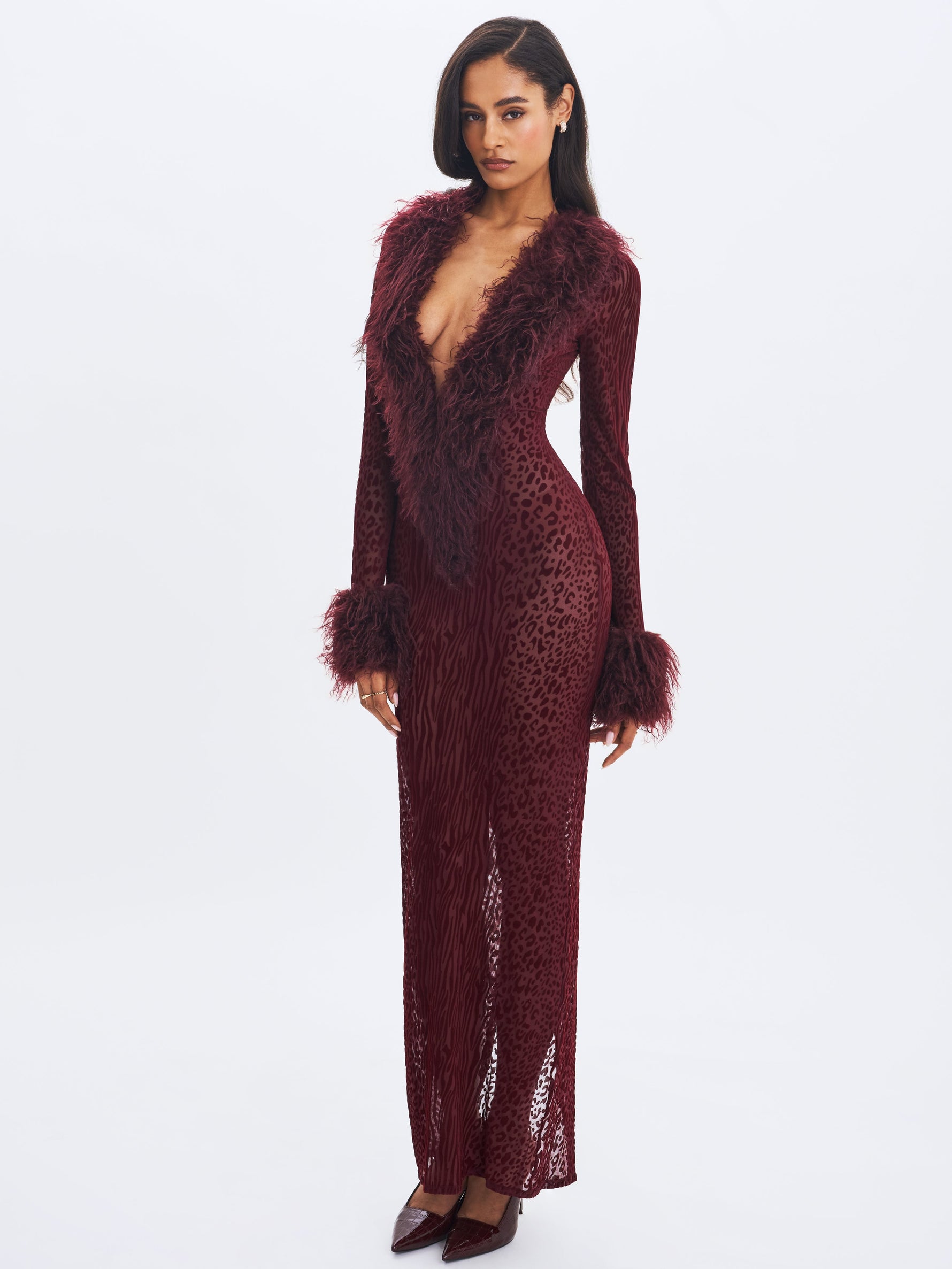 Luana Burgundy Plunging Fur Trimmed Crochet Maxi Dress