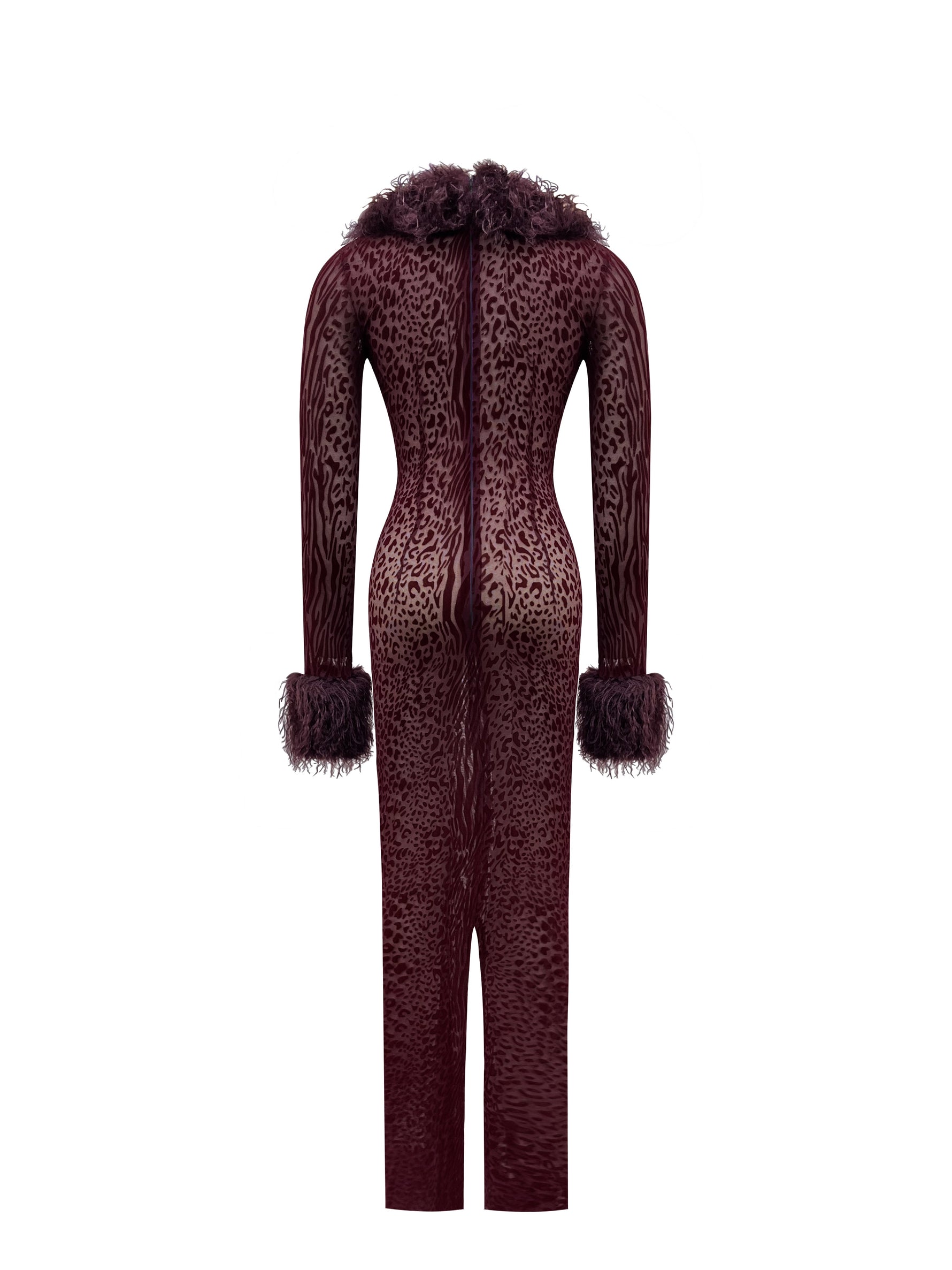 Luana Burgundy Plunging Fur Trimmed Crochet Maxi Dress