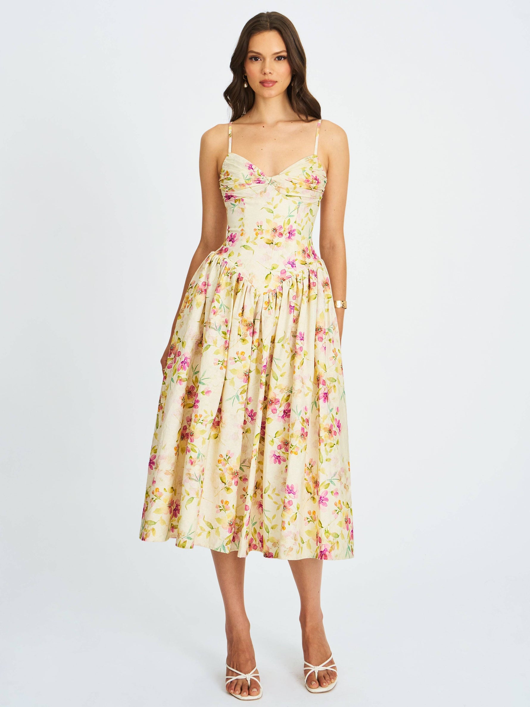 Jacinda Yellow Floral Print Ruched Breast Linen Midi Dress