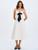 Corinne White Poplin Flared Midi Dress with Removable Bow Miss Circle