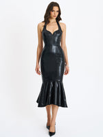 Gardenia Black Leather Midi Sweetheart Halter Flared Dress