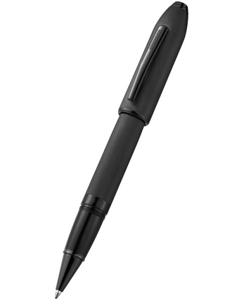 Peerless™ Polished Black PVD Engraved Diamond Pattern with Black PVD Appointments and Swarovski Crystal Rollerball Pen - By Baano