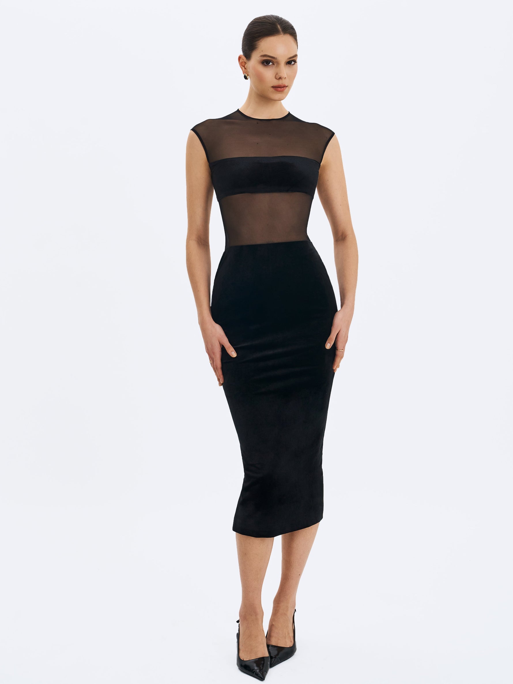 Quielle Black Mesh and Velvet Midi Bodycon Dress Miss Circle