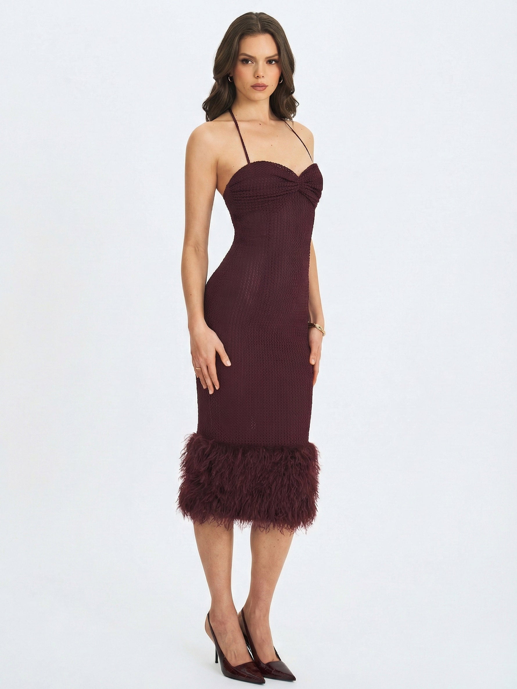 Pluma Maroon Halter Faux-Fur Trimmed Midi Dress Miss Circle