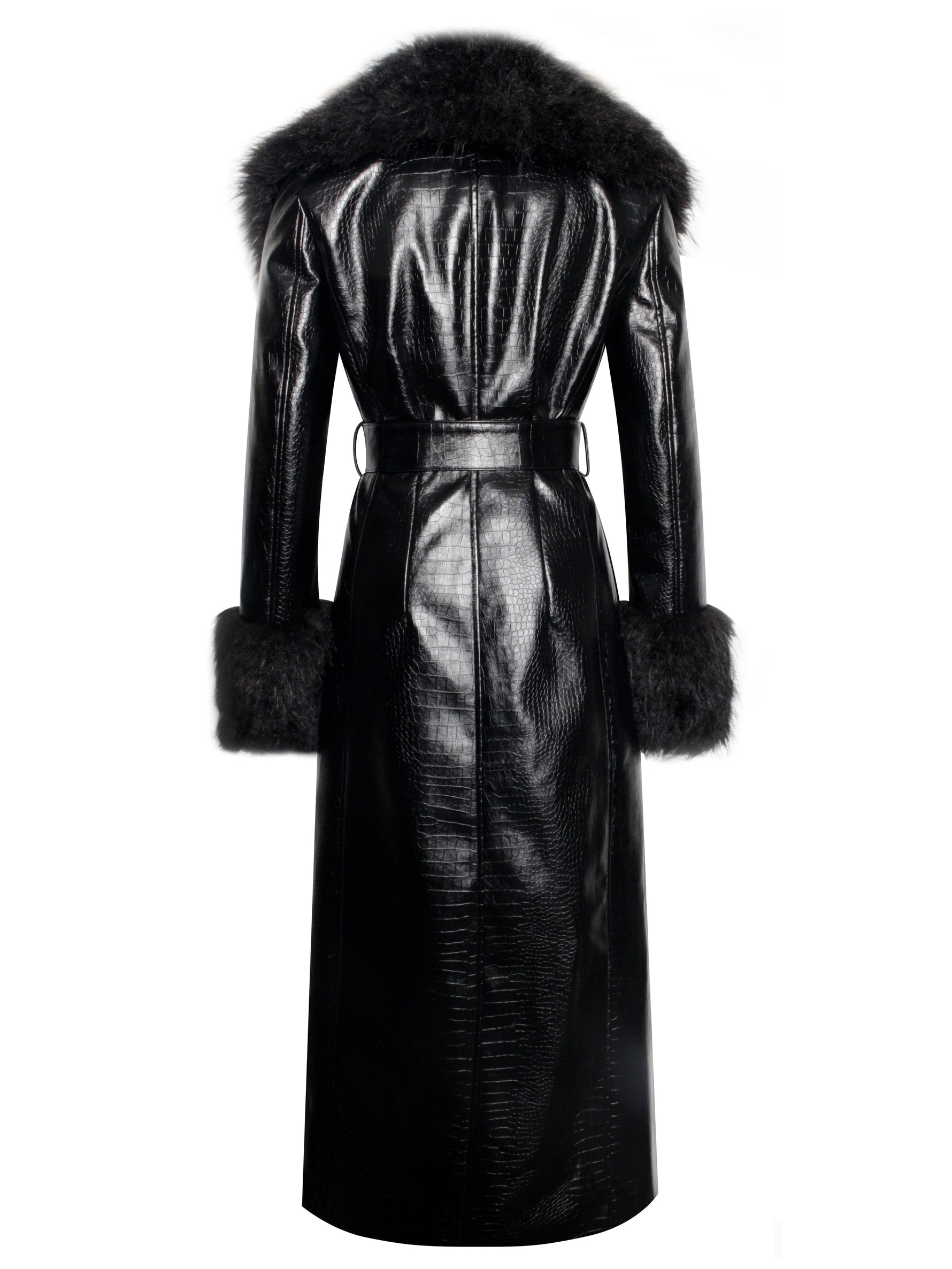 Zella Black Fur Trim Vegan Croc Leather Coat Miss Circle