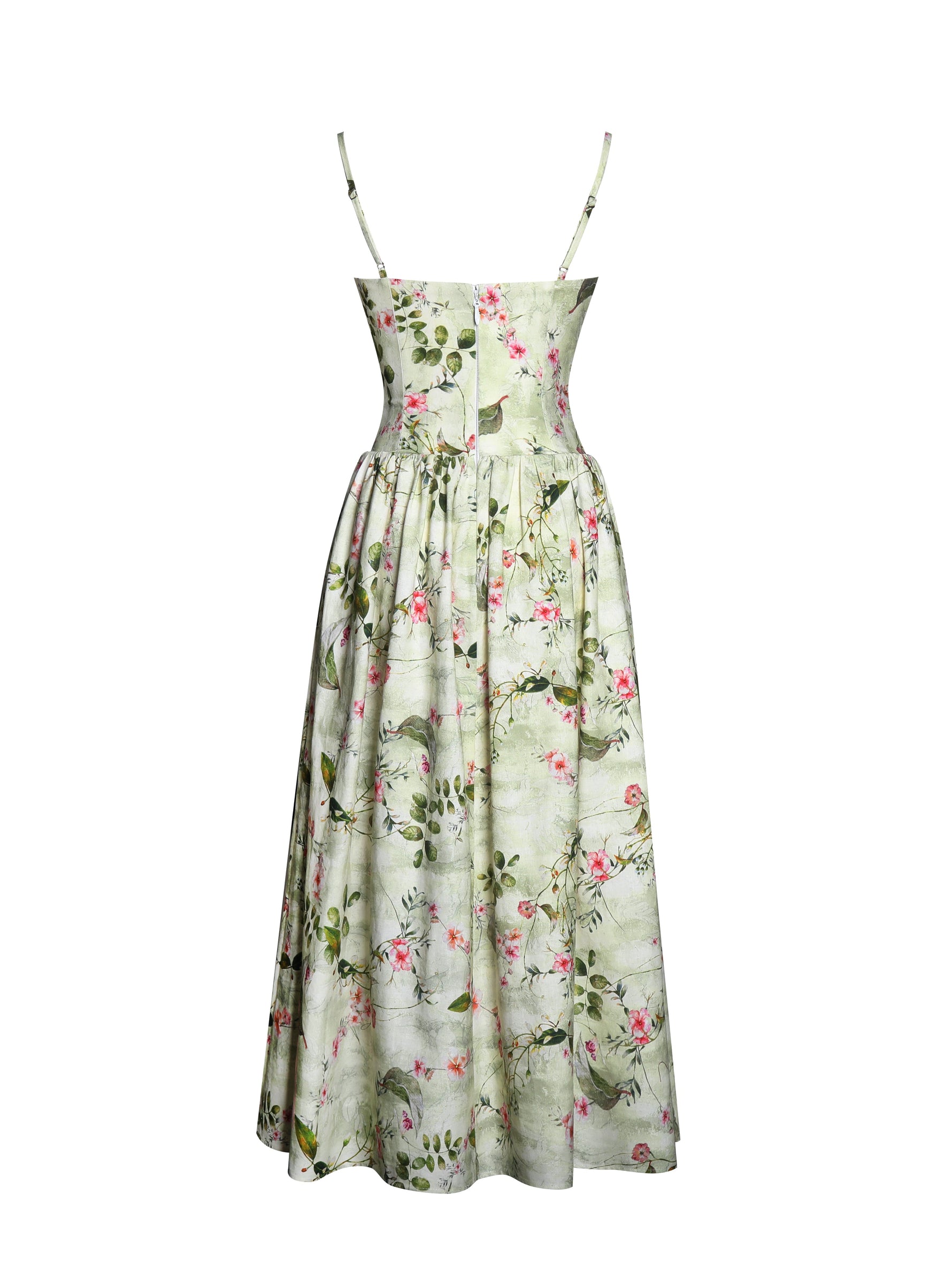 Jacinda Green Floral Print Ruched Breast Linen Midi Dress
