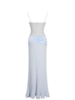 Lacy Blue Ruched Breast High Slit Chiffon Dress