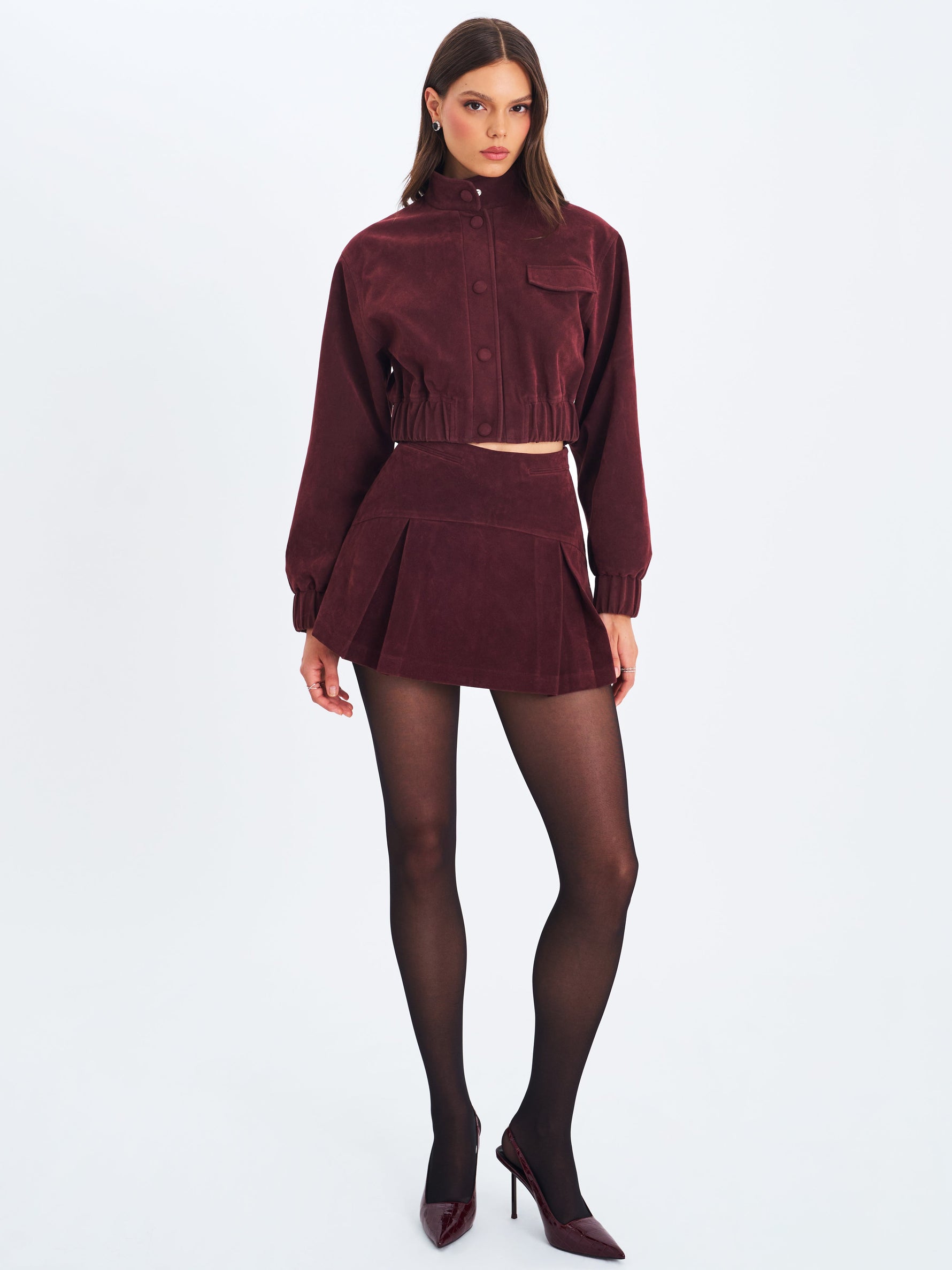 Farryn Mahogany Vegan Suede Cropped Bomber Jacket Miss Circle