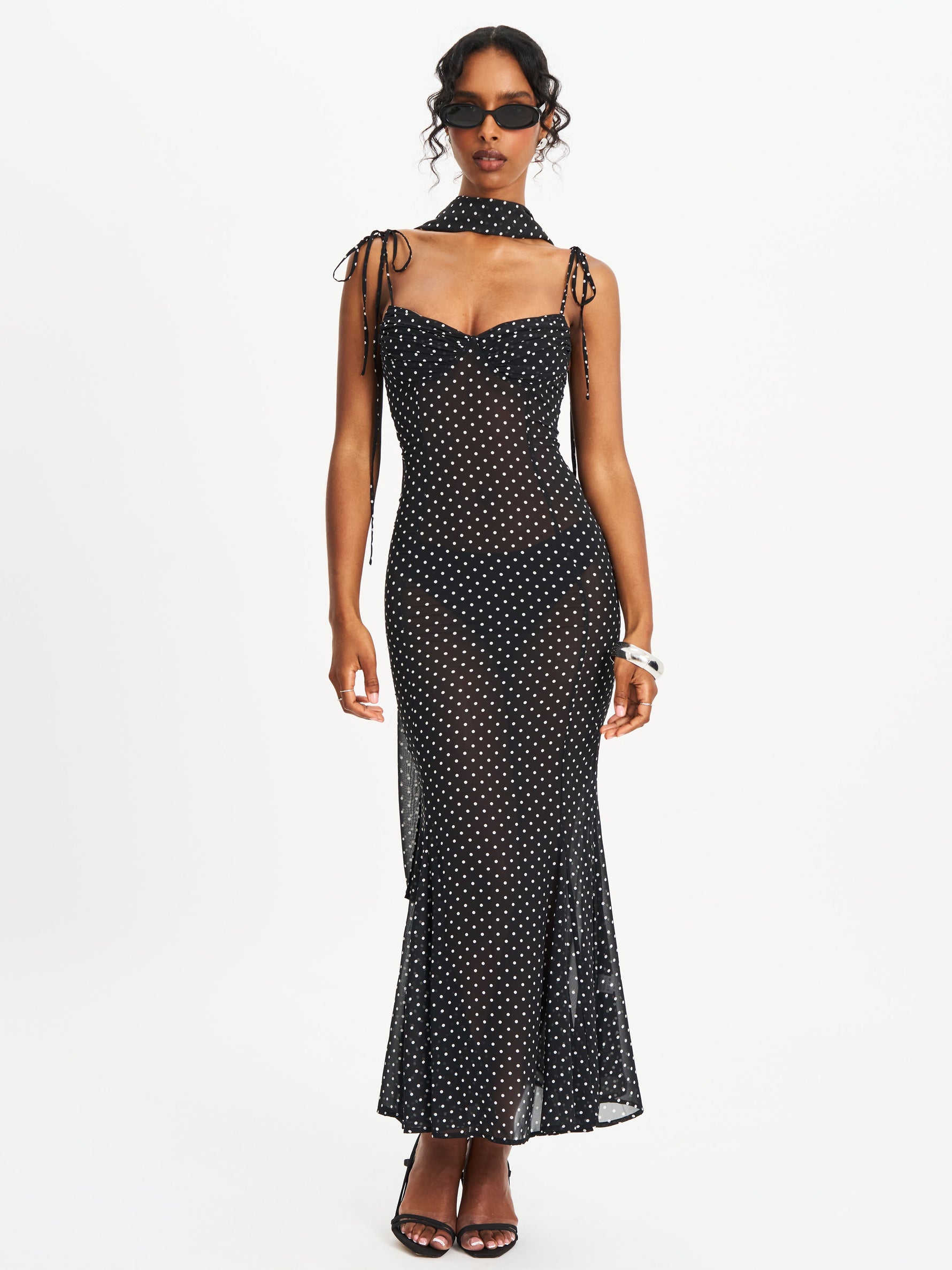 Yadira Black Base Polka Dot Chiffon Maxi Dress Miss Circle