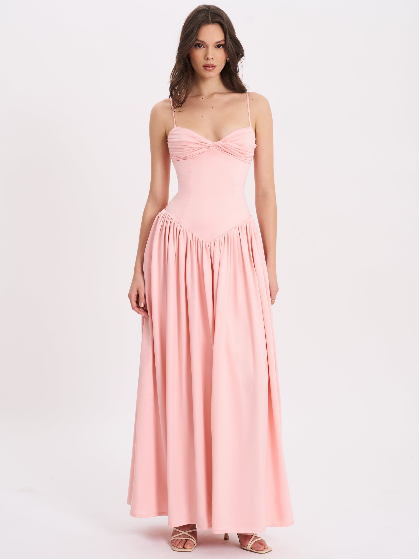 Najwa Baby Pink Ruched Breast Drop Waist Maxi Dress Miss Circle