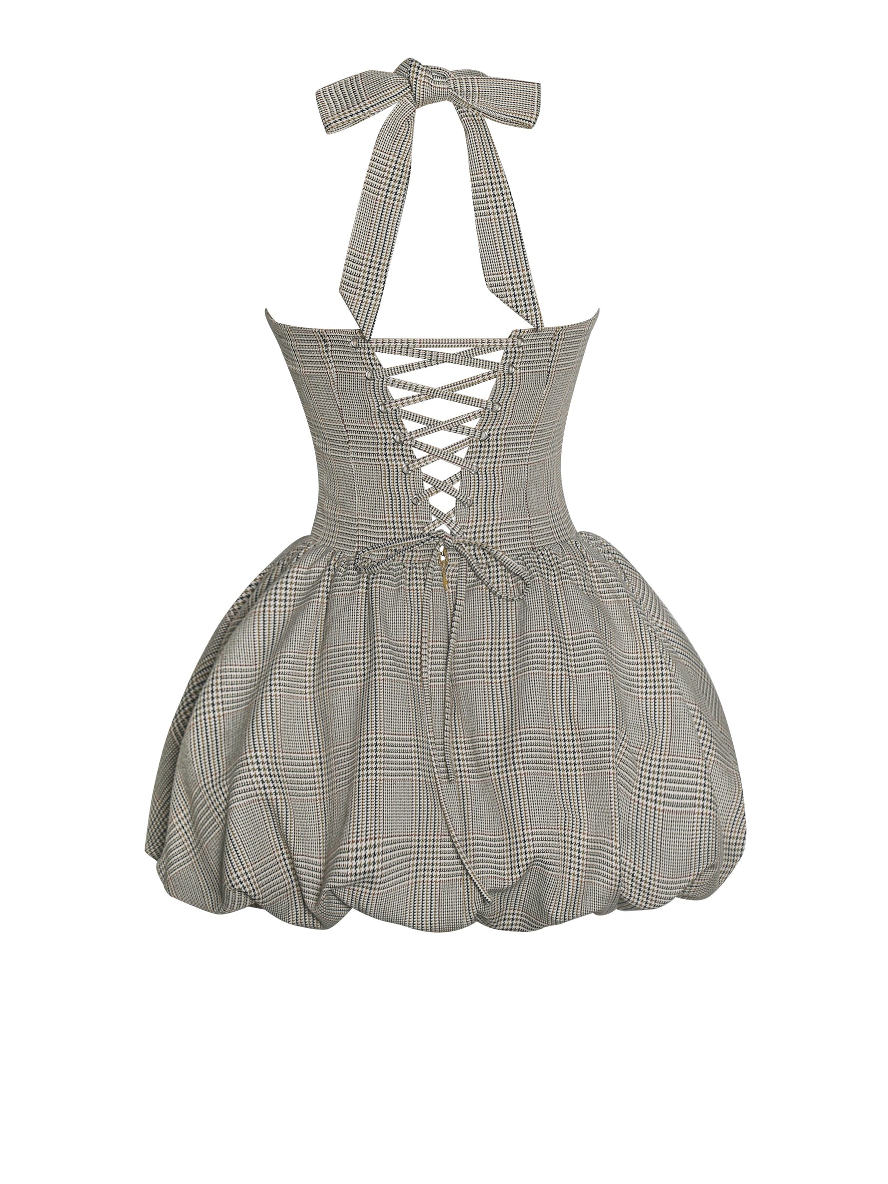 Dacia Plaid Halter Lace-up Bubble Mini Dress Miss Circle
