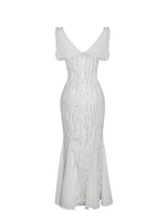 Paola White Peter Pan Collar Beaded Sequin Mermaid Midi Dress Miss Circle