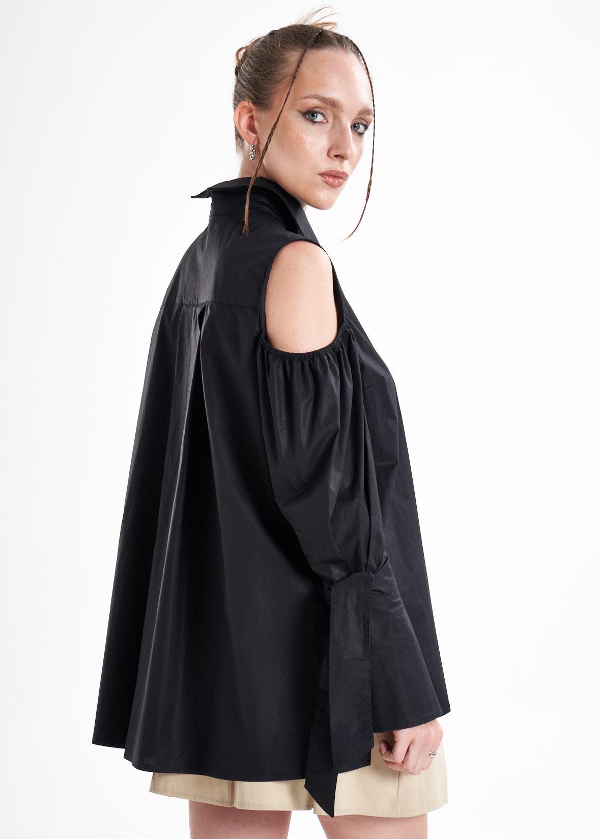 Quarta Open Shoulders Black Premium Poplin Shirt ETNA
