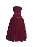 Mabel Burgundy Drop Waist Layered Mesh Midi Puffy Dress with Bow Miss Circle