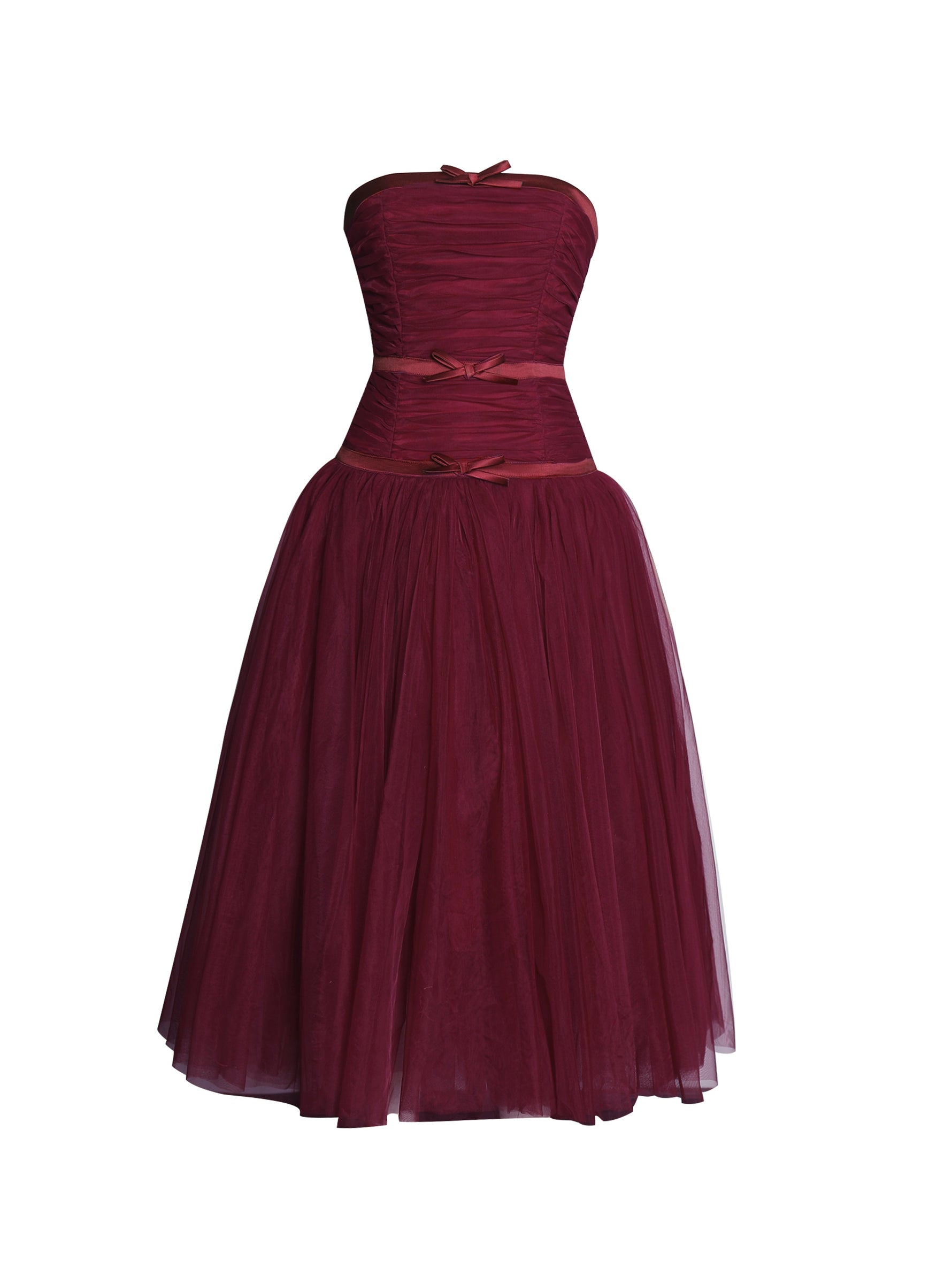 Mabel Burgundy Drop Waist Layered Mesh Midi Puffy Dress with Bow Miss Circle