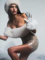 Averie White Fur Off-Shoulder Beige Sequin Mini Dress Miss Circle