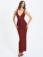 Elora Crimson Sequin Beaded Keyhole Maxi Dress Miss Circle
