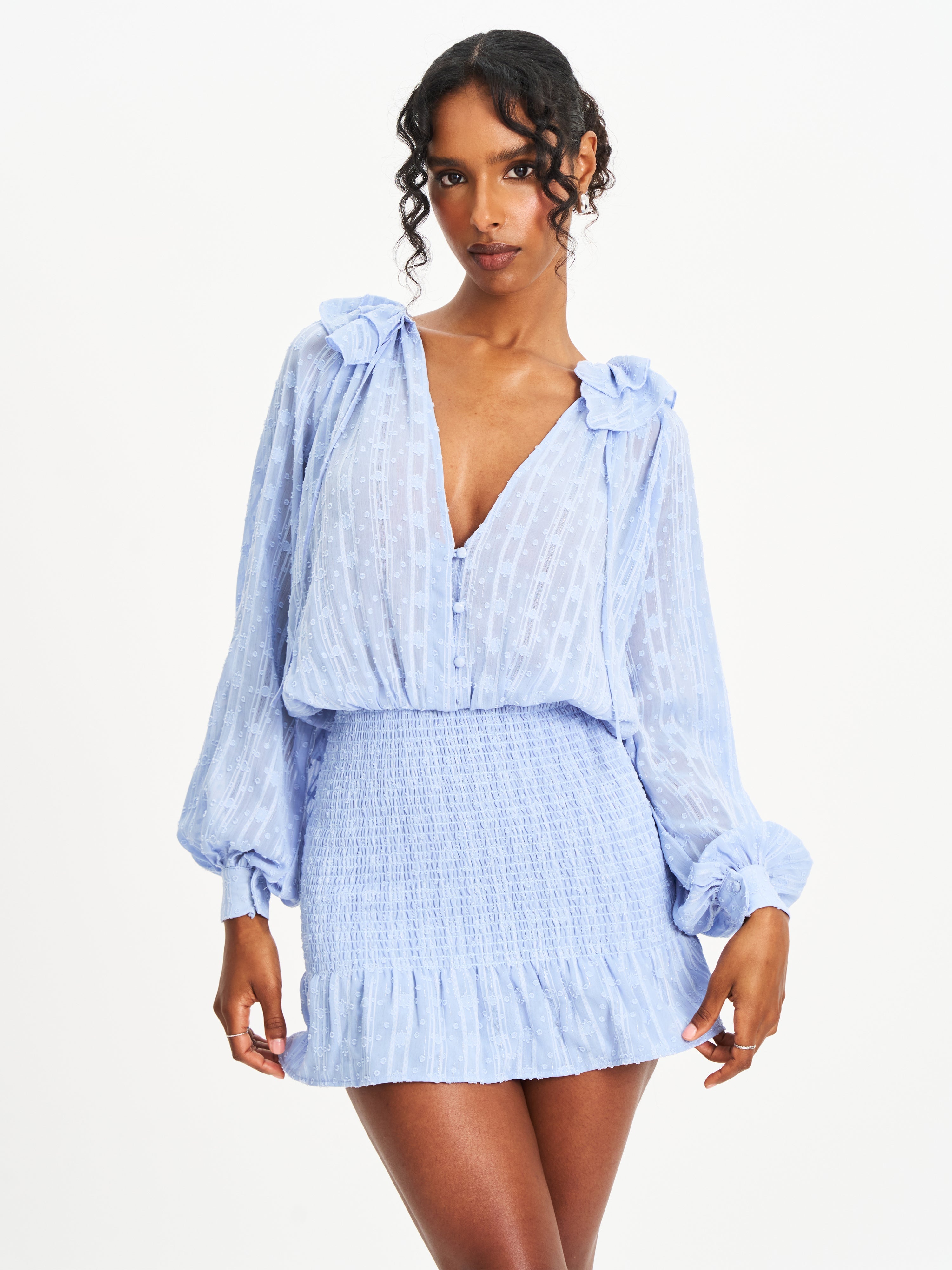 Zahari Blue Smock Bottom Balloon Sleeve Mini Dress