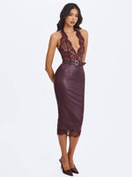 Fiera Mahogany Plunging Halter Belted Midi Dress
