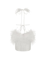 Quisten White Feathered Plunging Halter Mini Dress Miss Circle