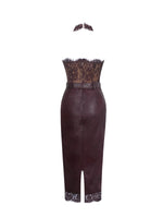 Fiera Mahogany Plunging Halter Belted Midi Dress