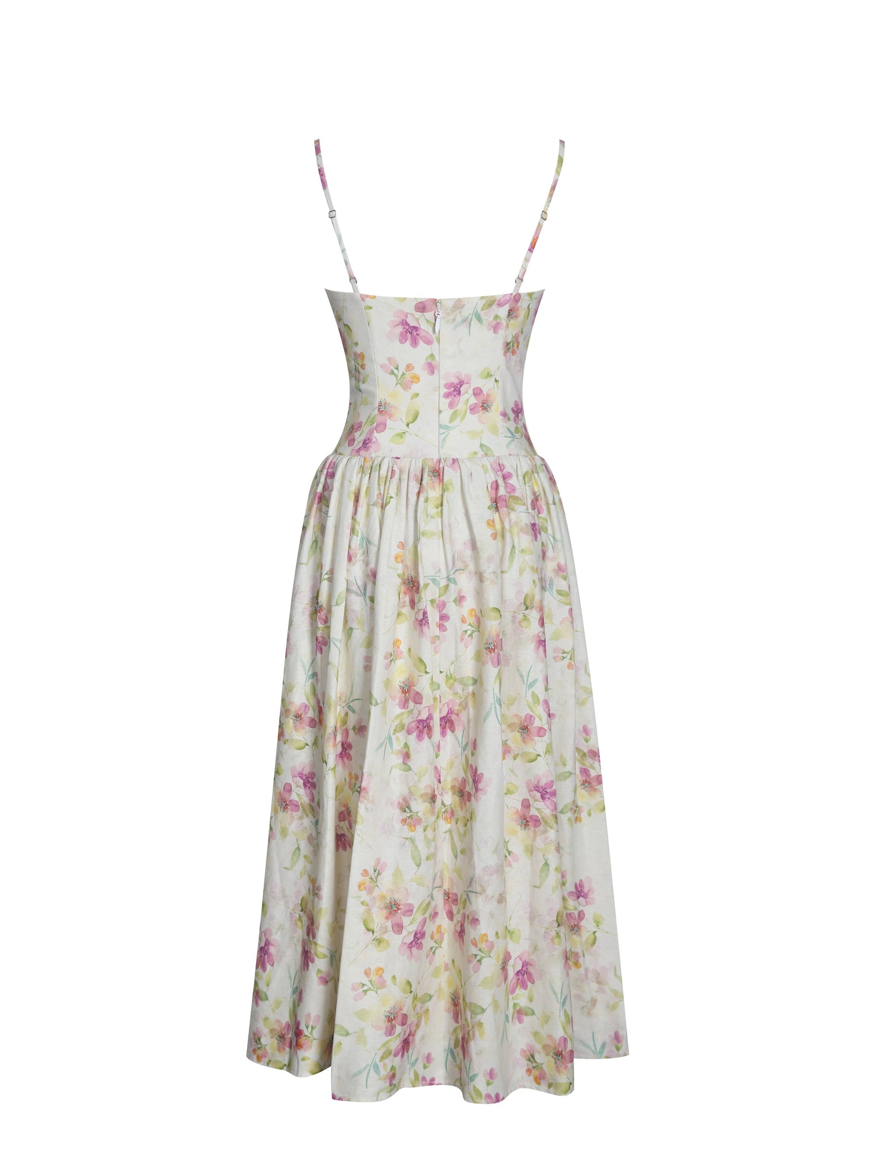 Jacinda Yellow Floral Print Ruched Breast Linen Midi Dress