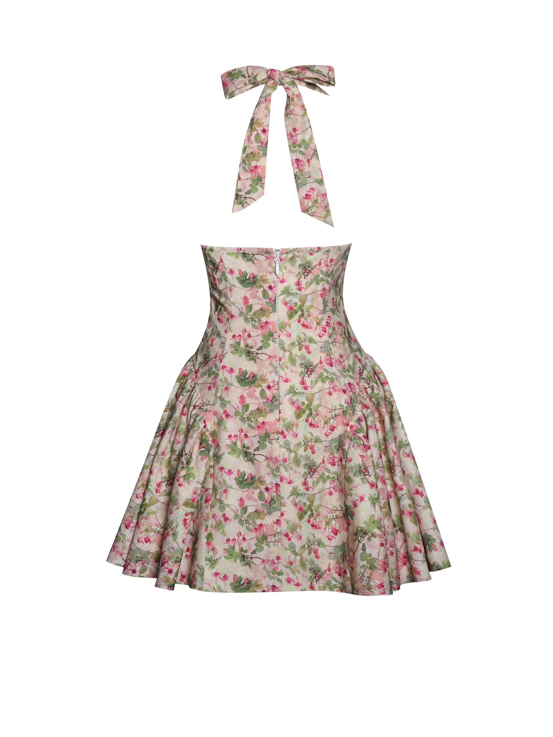 Mackenzie Green and Pink Floral Print Halter Linen Mini Dress Miss Circle