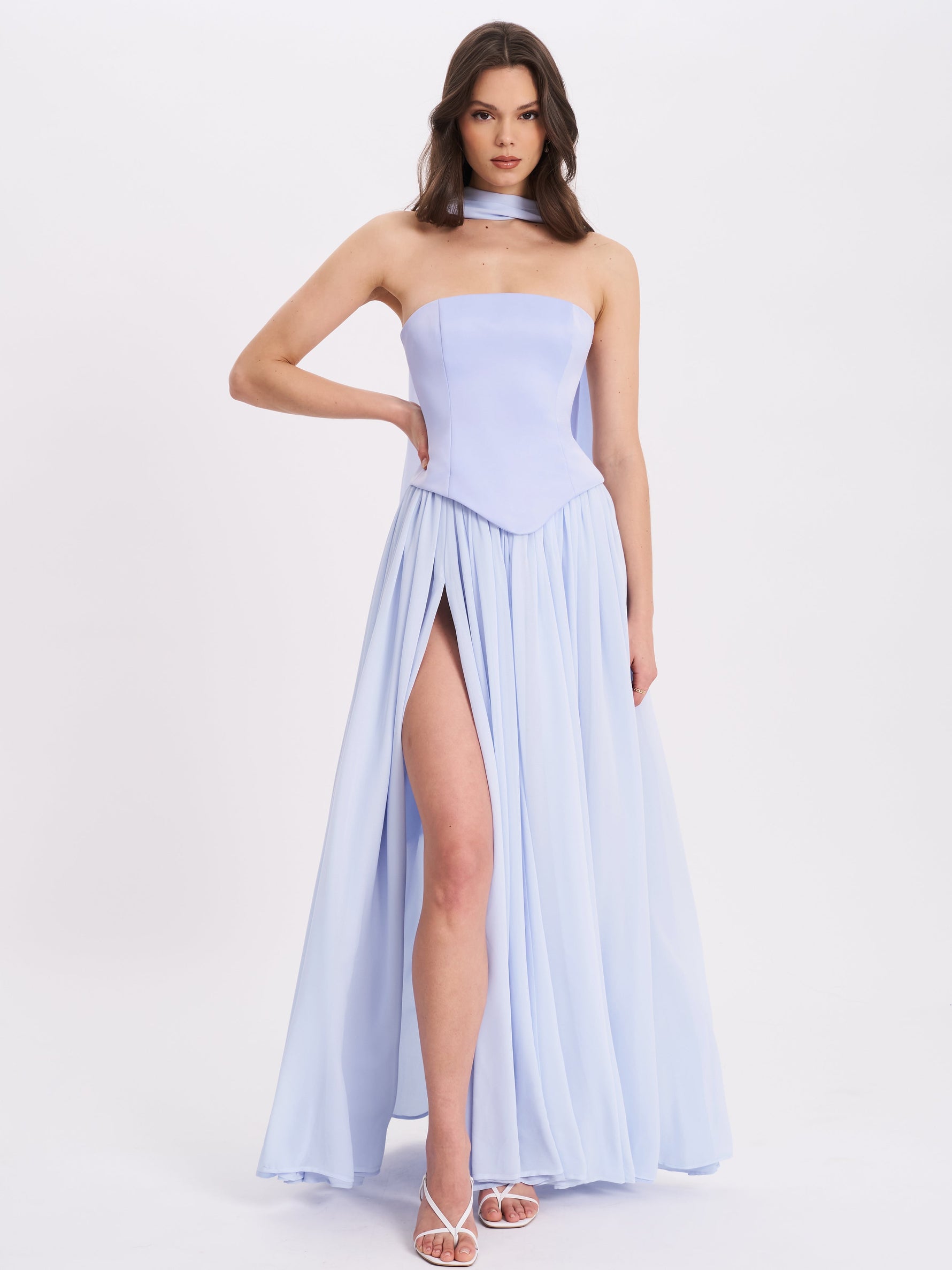 Qianna Baby Blue Peplum Drop Waist Chiffon Gown Miss Circle