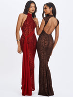 Cerise Scarlet Burnout Velvet Multiwear Mesh Ribbon Maxi Dress