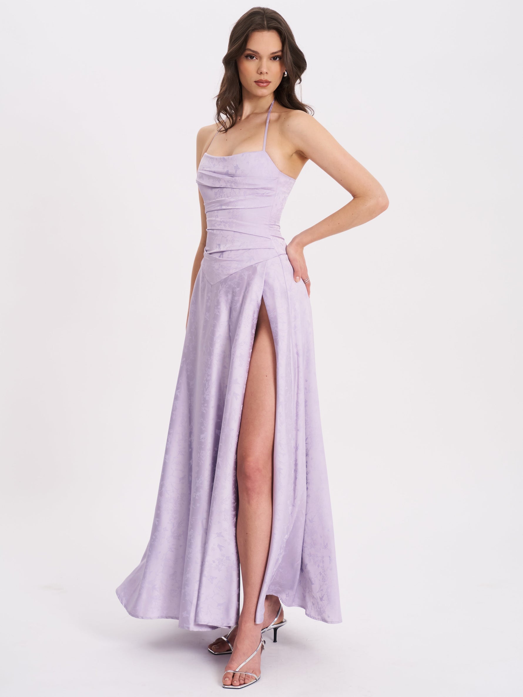 Raegan Taro Purple Jacquard Rouched Maxi Dress