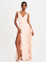 Talyssa Baby Pink Ruched Waist Double High Slit Maxi Gown (Archive Sale)