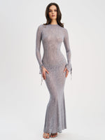 Waylynn Gray Animal Print Burnout Velvet Detail Mesh Backless Maxi Dress