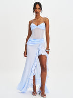 Lacy Blue Ruched Breast High Slit Chiffon Dress