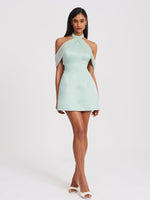 Zafrina Light Cyan Halter Off-shoulder Backless Mini Dress Miss Circle