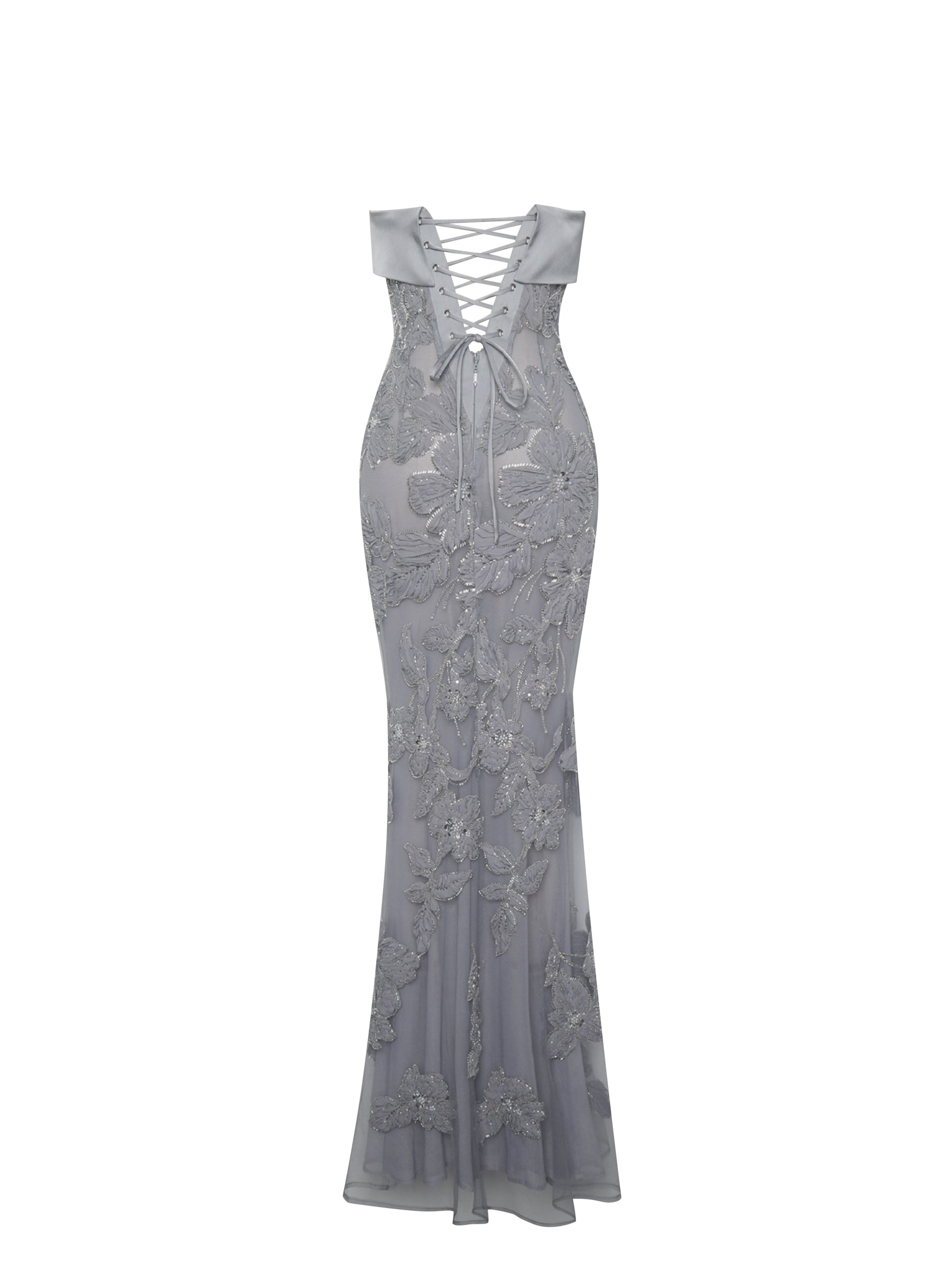 Raphaela Silver Beaded Floral Strapless Mermaid Maxi Dress