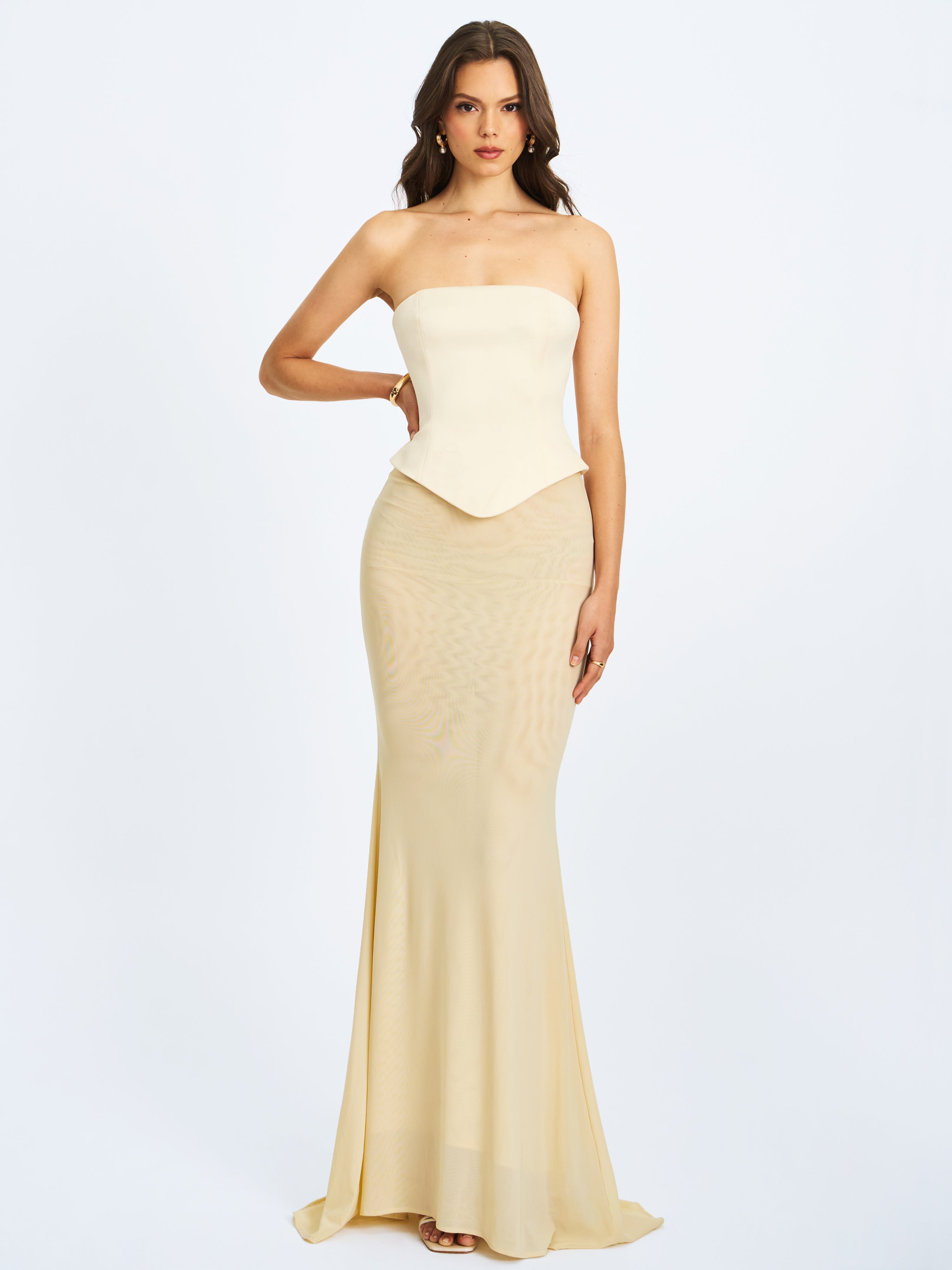 Adelina Butter Yellow Peplum Mermaid Gown with Lace-up Back Miss Circle