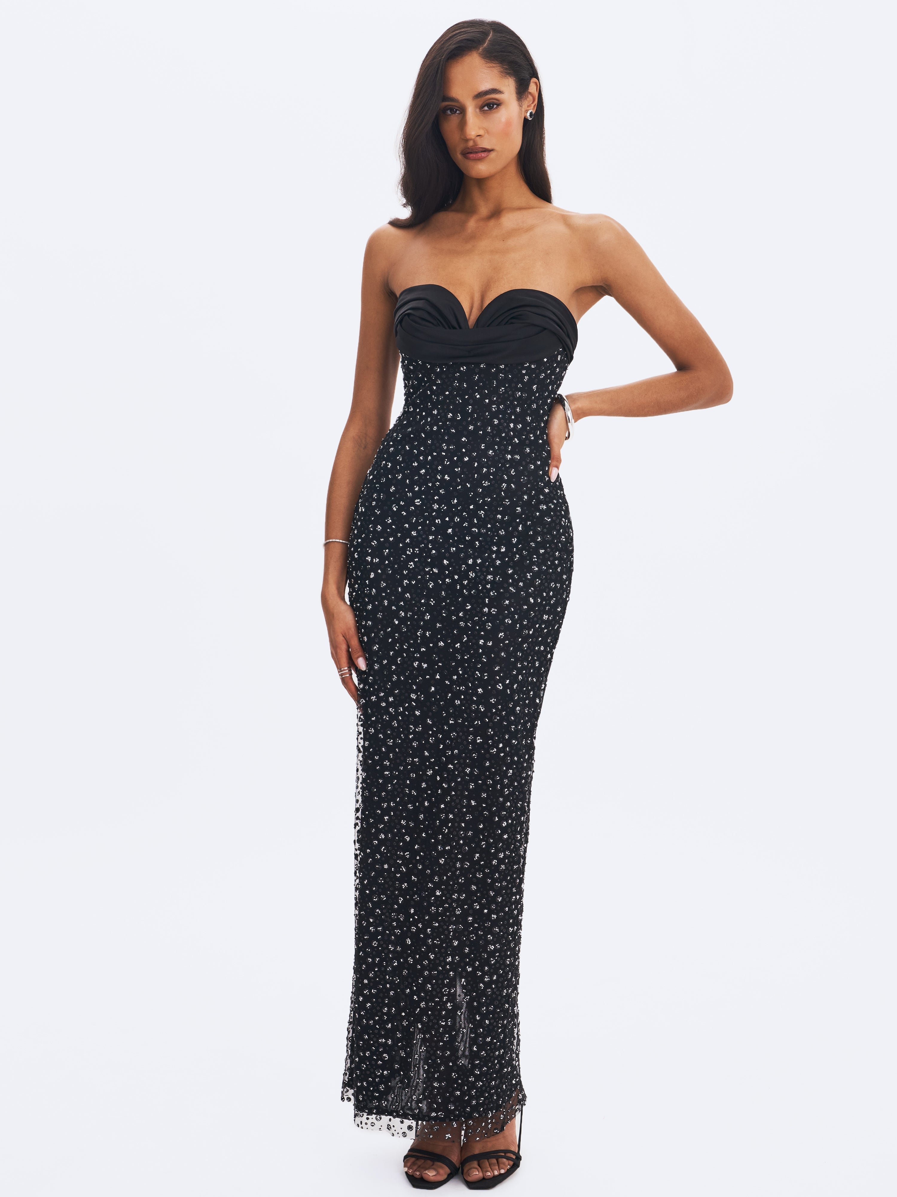 Preslie Black Satin & Crystal Mesh Sheath Maxi Dress