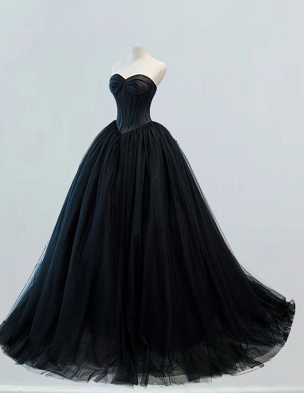 Black strapless tulle chapel train ball gown princess wedding bridal dress fairy a line prom dress