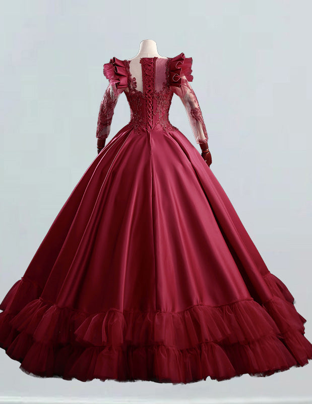Burgundy lace applique satin ball gown,Long sleeve beaded prom dress,Pluse size wedding dress gown,Long party dress for women
