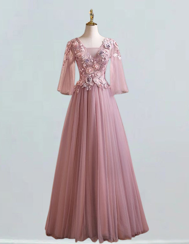 Women's Pink Lace V-Neck Evening Gown | Prom & Formal Dresses