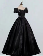 Women's Elegant Black Satin Evening Gown with Sleeves | Scoop Neck Prom Dress
