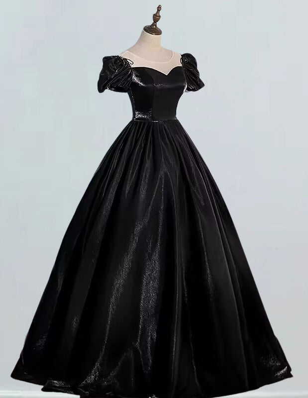Women's Elegant Black Satin Evening Gown with Sleeves | Scoop Neck Prom Dress