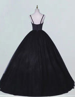 Black spaghetti strap v neck long tulle ball gown floor length quinceanera dress