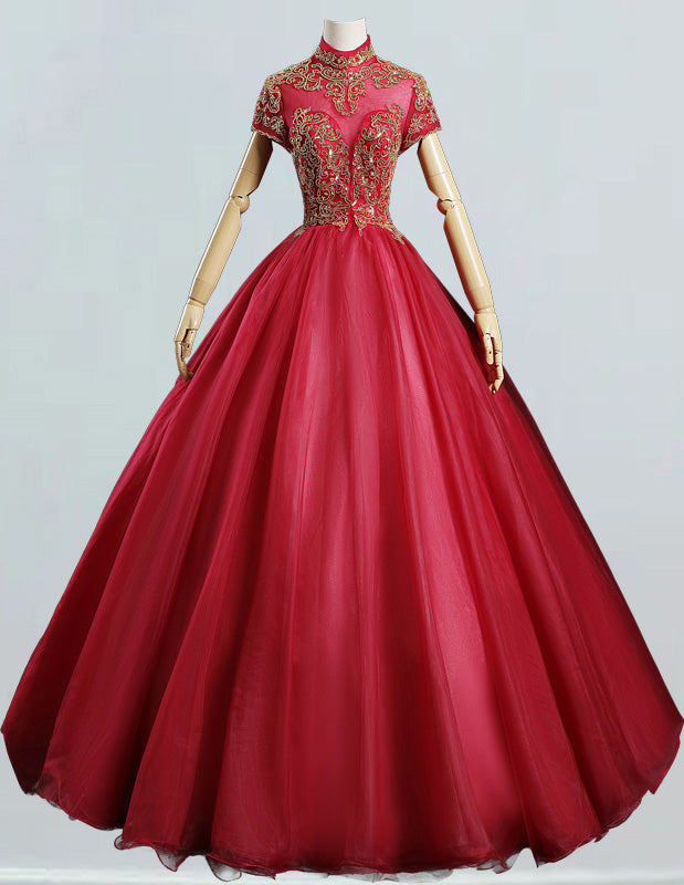 Elegant Burgundy Beaded Ball Gown | Prom & Bridesmaid Dress with Sleeves