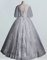 V-Neck Beaded Evening Ball Gown | Princess Prom Dress with Sleeves