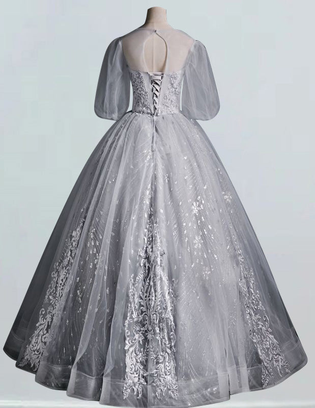 V-Neck Beaded Evening Ball Gown | Princess Prom Dress with Sleeves