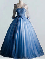 Elegant Blue Tulle Ball Gown | Scoop Neck Lace Applique | Long Prom & Bridal Dress